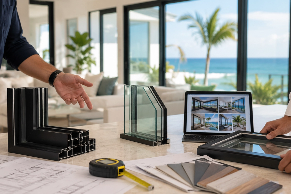 Homeowner reviewing impact window options with a specialist